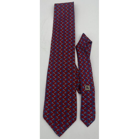 RARE Vintage Burberry London‎ Red Tie With Blue Cars and 1 Yellow Car 100% Silk